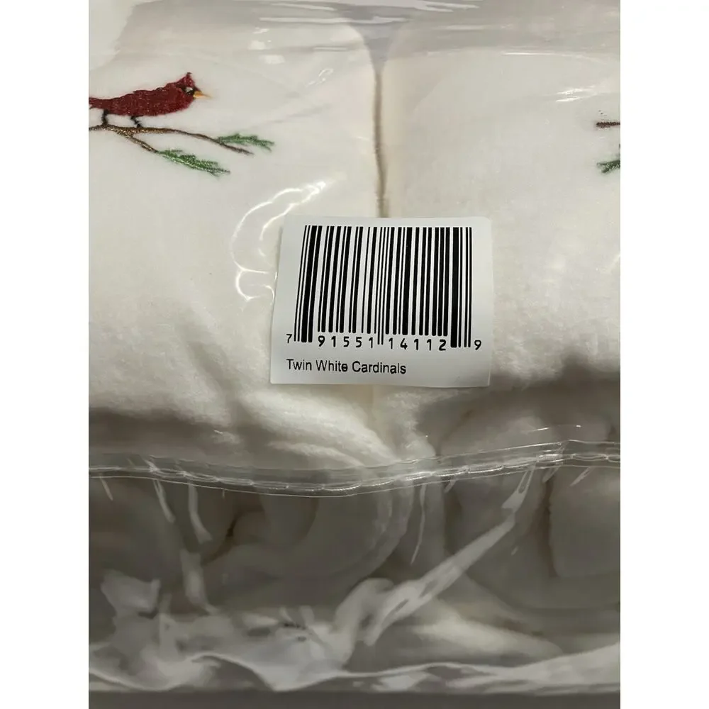 Berkshire Embroidered Polarfleece Twin Size Sheet Set White with Cardinals NIP